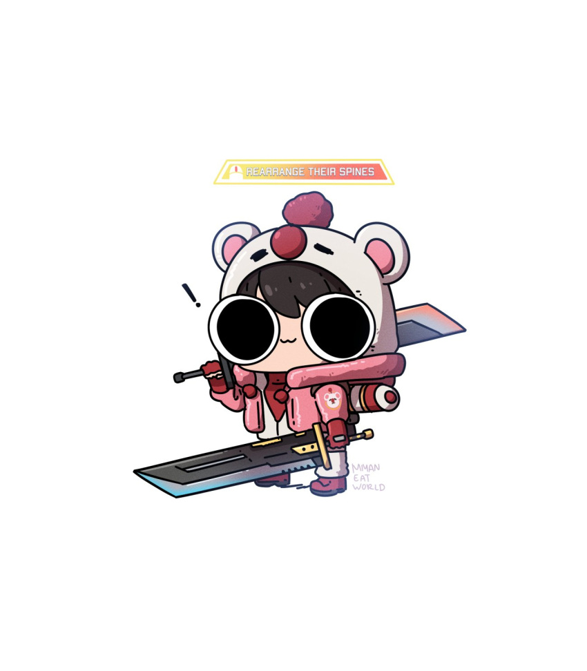 1girl apex_legends artist_name black_eyes black_hair boots buster_sword_r5 cartoonized chibi cosplay dual_wielding final_fantasy final_fantasy_vii final_fantasy_vii_rebirth final_fantasy_vii_remake highres holding holding_sword holding_weapon hood hood_down hood_up hooded_jacket hoodie jacket kupo_power_wattson looking_at_viewer miyan_(oceanmaiden) moogle moogle_(cosplay) official_alternate_costume pink_jacket red_footwear red_sweater smile solo sweater sword toon_(style) wattson_(apex_legends) weapon white_background white_hoodie