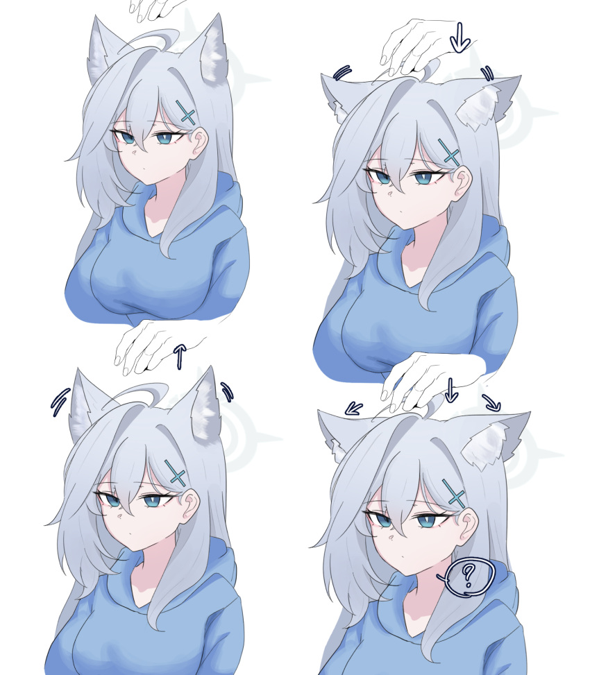 1girl 1other ? ahoge animal_ears aqua_eyes arrow_(symbol) blue_archive blue_hoodie cropped_torso disembodied_limb grey_hair highres hood hoodie looking_ahead mismatched_pupils prank shiroko_(blue_archive) shiroko_terror_(blue_archive) skyrain315 spoken_question_mark wolf_ears