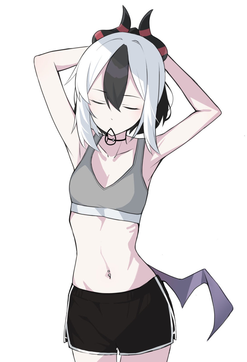 1girl bare_arms black_choker black_hair black_horns black_shorts blue_archive choker closed_mouth cowboy_shot grey_sports_bra hair_between_eyes hair_tie_in_mouth highres horns kayoko_(blue_archive) mouth_hold multicolored_hair navel navel_piercing nyanzai-sensei piercing purple_wings shorts simple_background single_wing solo sports_bra stomach two-tone_hair tying_hair white_background white_hair wings