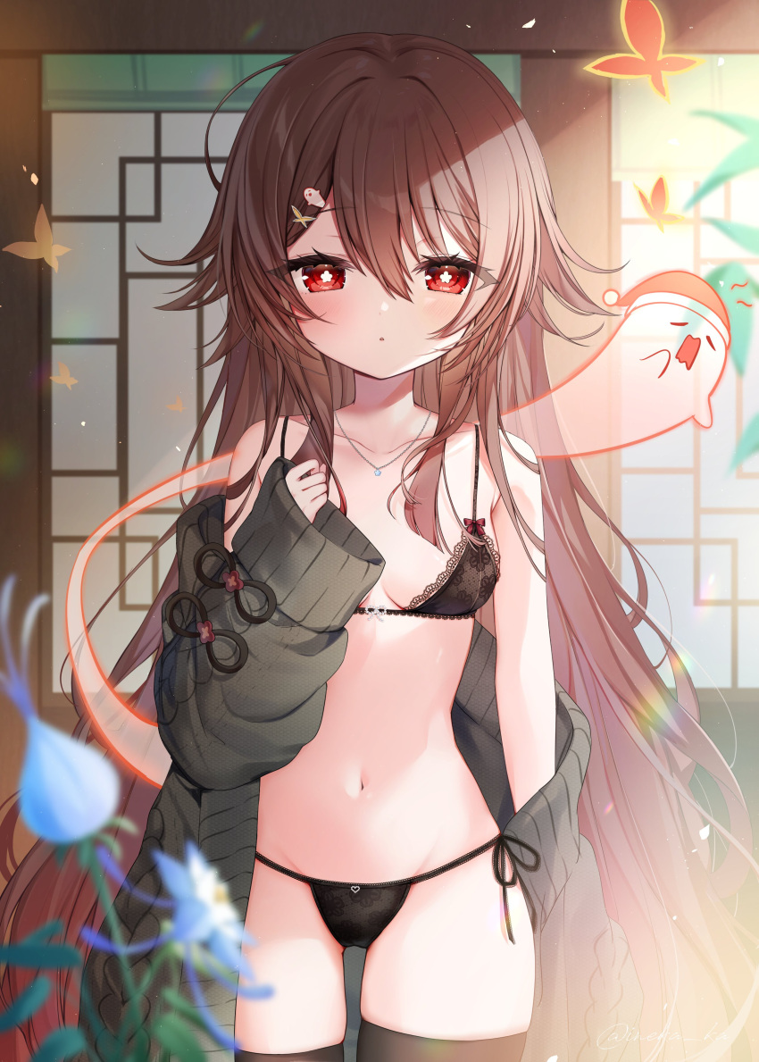 1girl absurdres alternate_hairstyle bare_shoulders black_bra black_panties black_thighhighs blue_flower boo_tao_(genshin_impact) bow bow_bra bra breasts brown_hair bug butterfly collarbone flower flower-shaped_pupils genshin_impact glaze_lily hair_between_eyes hair_ornament highres hu_tao_(genshin_impact) indoors ineka_ka jewelry lace lace_bra lace_panties long_hair looking_at_viewer navel necklace off_shoulder panties red_eyes side-tie_panties skindentation small_breasts standing symbol-shaped_pupils thighhighs thighs underwear very_long_hair waking_up