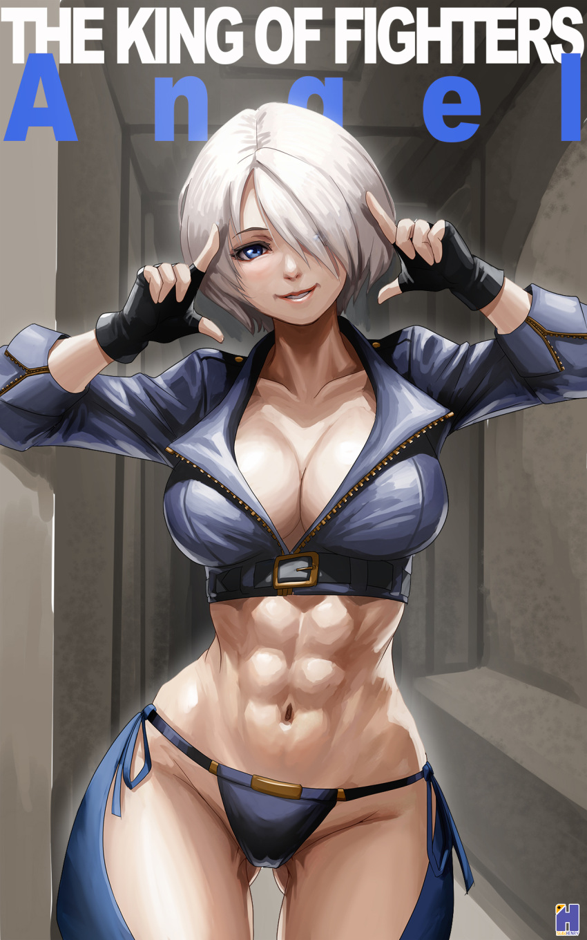 1girl abs angel angel_(kof) backless_pants blue_eyes boots bra breasts chaps cleavage crop_top cropped_jacket fingerless_gloves gloves hair_over_one_eye highres horns_pose index_fingers_raised jacket large_breasts leather leather_jacket looking_at_viewer midriff muscular muscular_female navel panties pants short_hair smile snk solo strapless strapless_bra swwhenry the_king_of_fighters the_king_of_fighters_xiv toned underwear white_hair