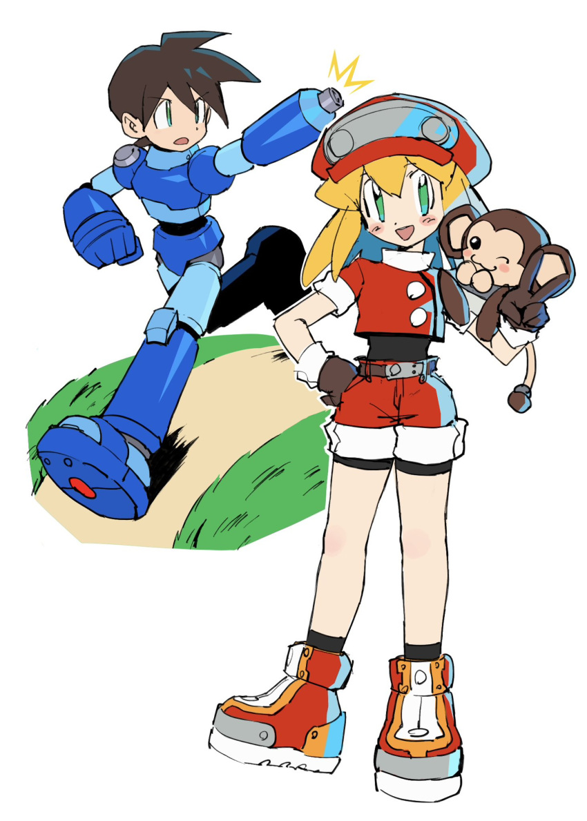 1boy 1girl animal_on_arm arm_cannon armor black_bodysuit blonde_hair blue_armor blue_footwear blush_stickers bodysuit bodysuit_under_clothes boots brown_gloves brown_hair cabbie_hat cake cropped_jacket data_(mega_man) food gloves green_eyes hat highres jacket medium_hair mega_buster mega_man_(series) mega_man_legends_(series) mega_man_volnutt monkey red_footwear red_hat red_jacket red_shorts running short_hair shorts simple_background sleeves_rolled_up standing swiss_roll touhou3939 v weapon white_background