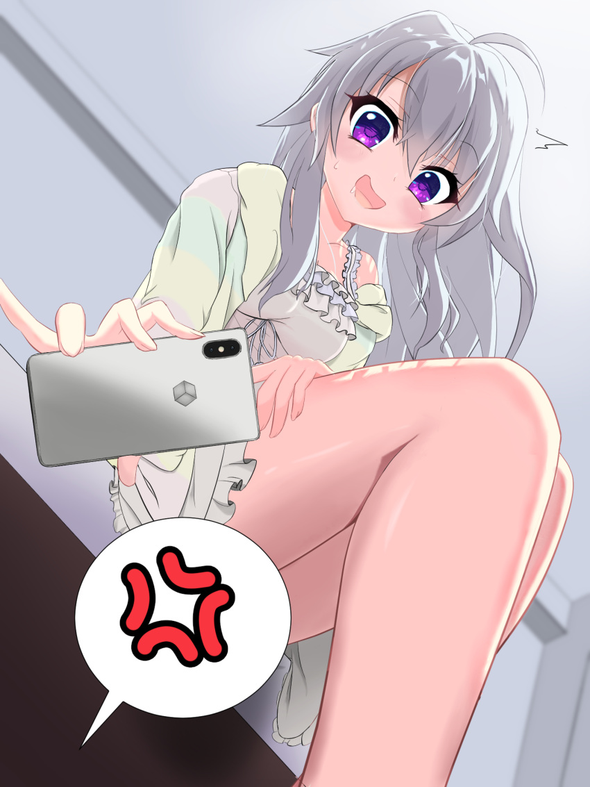 1girl 9-nine- :d ^^^ ahoge anger_vein bare_legs blurry blurry_background blush breasts cellphone commentary dress drooling eyelashes eyes_visible_through_hair feet_out_of_frame foreshortening frilled_dress frills from_below grey_hair hair_between_eyes hair_down happy highres holding holding_phone indoors long_hair looking_at_viewer looking_down medium_breasts mouth_drool niimi_sora open_mouth open_pajamas pajamas phone pinky_out purple_eyes ryu9voice short_dress sidelighting sidelocks single_bare_shoulder sitting sleeveless sleeveless_dress smartphone smile solo spaghetti_strap speech_bubble spoken_anger_vein striped_clothes striped_pajamas surprised sweatdrop thighs wavy_hair white_dress