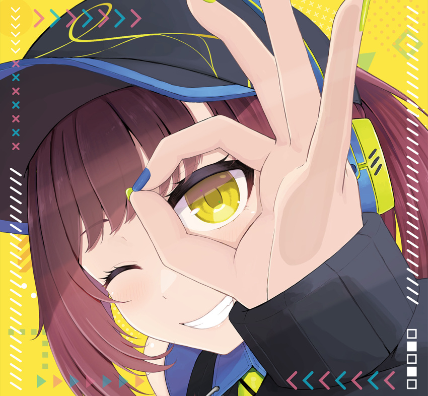 1girl bare_shoulders baseball_cap black_hat black_shirt blue_nails brown_hair green_nails grin hand_up hat headphones headphones_over_headwear long_sleeves looking_at_viewer multicolored_nails nail_polish ok_sign ok_sign_over_eye original puffy_long_sleeves puffy_sleeves shirt simple_background sleeveless sleeveless_shirt sleeves_past_wrists smile solo temari_rin upper_body yellow_background yellow_eyes