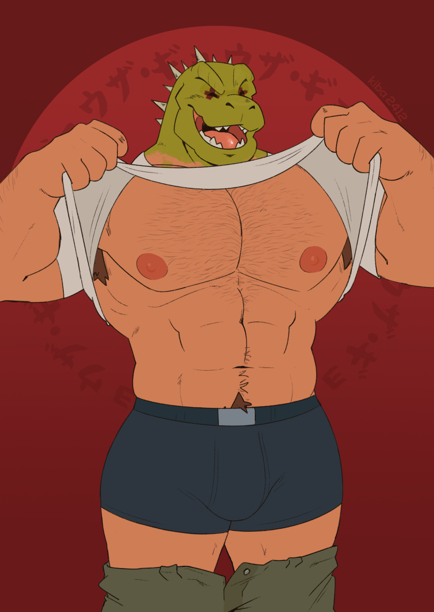 1boy :d abs absurdres animal_head armpit_hair armpit_hair_peek bara bare_pectorals black_male_underwear boxers bulge caiman_(dorohedoro) closed_eyes clothes_pull cowboy_shot dark-skinned_male dark_skin dorohedoro green_scales highres huge_pectorals kiba2412 lifted_by_self lizardman male_focus male_underwear muscular muscular_male navel navel_hair nipples pants pants_pull pectorals reptile_boy smile solo sparse_chest_hair spikes standing stomach strongman_waist translation_request underwear