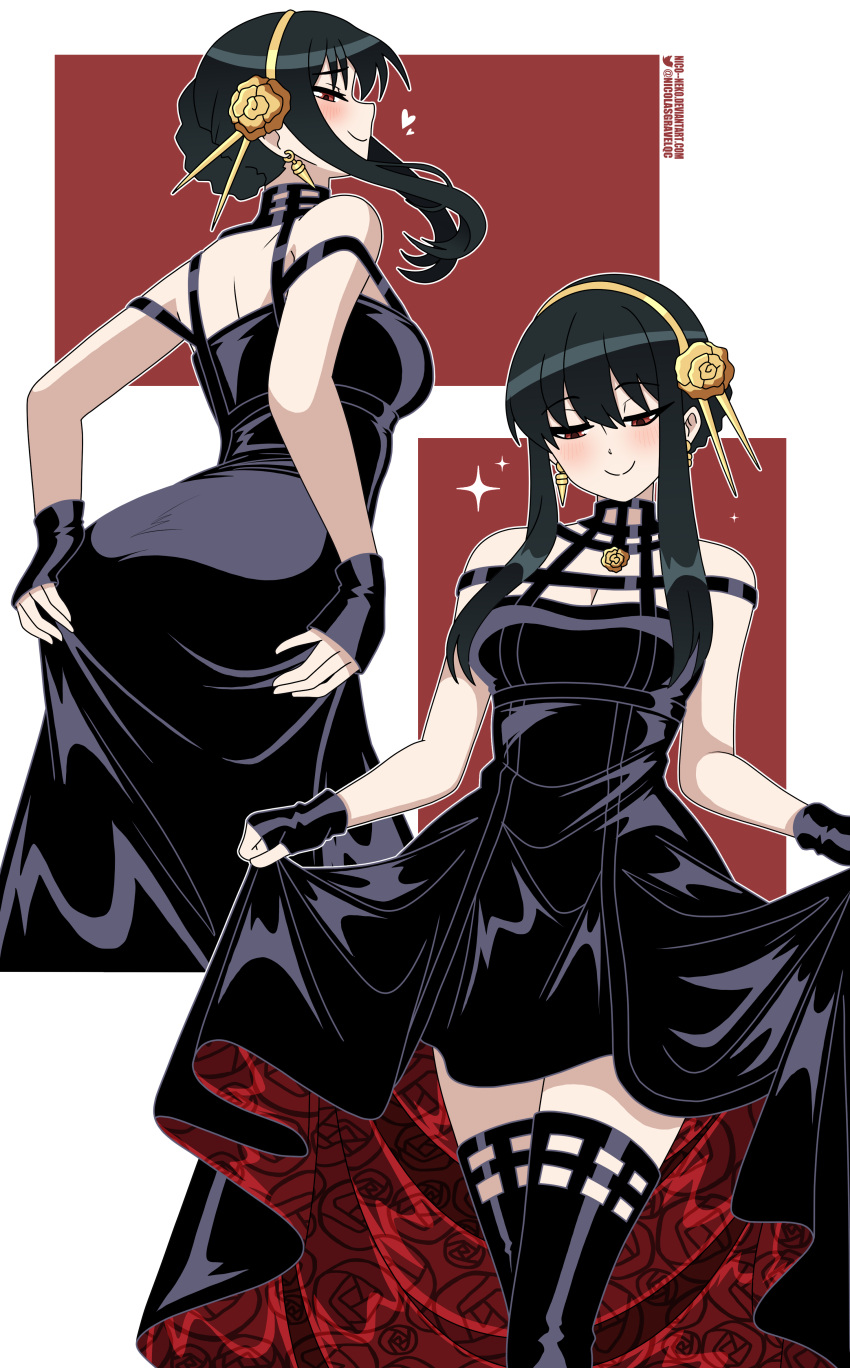 1girl absurdres ass back black_dress black_footwear black_gloves black_hair boots breasts cleavage dress earrings fingerless_gloves floral_print gloves gold_hairband hairband highres jewelry lifted_by_self looking_back nico-neko red_eyes rose_print sidelocks smile solo spy_x_family yor_briar