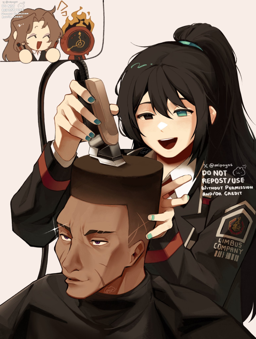 1girl 1other 2boys black_coat black_eyes black_hair black_shirt blue_eyes blue_hairband brown_hair choso_giving_toudou_a_haircut_(meme) clock closed_eyes coat collared_shirt cutting_hair dante_(limbus_company) dark-skinned_male dark_skin electric_razor english_text fade_(haircut) fire hairband heathcliff_(project_moon) heterochromia high_ponytail highres hong_lu_(project_moon) limbus_company long_hair makeup_brush meme mipoyos multiple_boys necktie object_head parted_bangs project_moon purple_eyes red_coat red_necktie rodion_(project_moon) scar scar_on_face shirt sparkle sweat sweatdrop twitter_username white_shirt