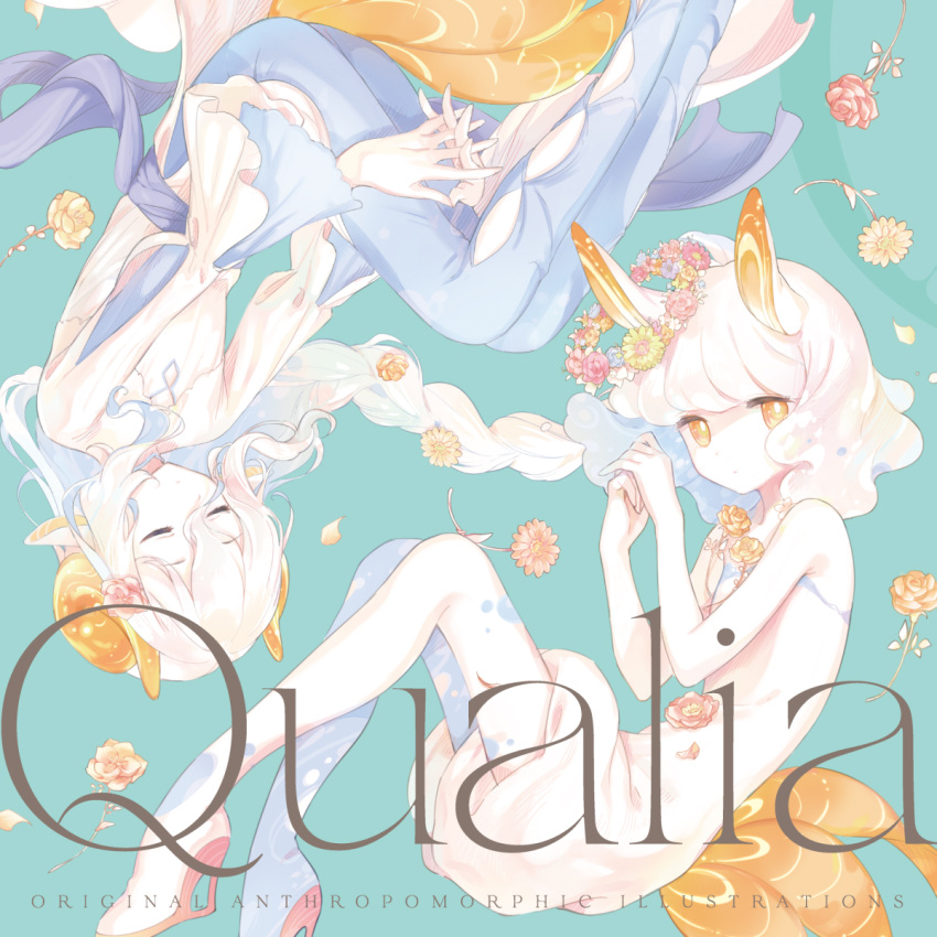 2girls animal_ears aqua_background bright_pupils closed_eyes closed_mouth curled_horns full_body hands_up high_heels highres horns kinutani_yutaka looking_at_viewer medium_hair monster_girl multiple_girls orange_eyes orange_horns original own_hands_clasped own_hands_together sea_slug_girl simple_background tail white_hair white_pupils