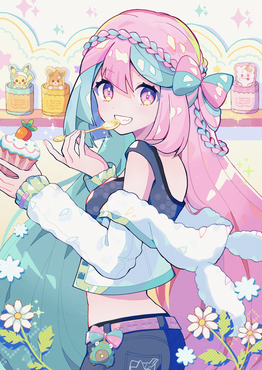 1girl absurdres belt blue_hair bow-shaped_hair denim eating food haru_(haruxxe) highres hood hoodie ice_cream iono_(pokemon) jacket jeans long_hair looking_at_viewer multicolored_hair pants pink_hair pokemon pokemon_sv sharp_teeth shirt smile solo tank_top teeth two-tone_hair