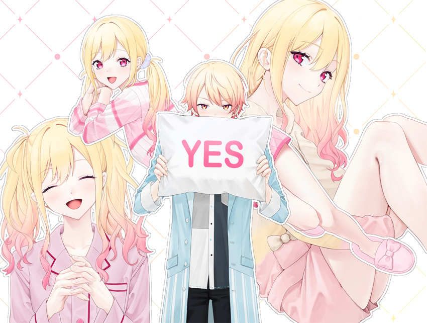 1boy 1girl 2_(tsvf3235) black_pants blonde_hair blue_jacket brother_and_sister closed_eyes closed_mouth hair_ornament jacket long_hair low_twintails multicolored_hair open_mouth pajamas pants pillow pink_eyes pink_footwear pink_hair pink_pajamas pink_shorts project_sekai red_hair sandals shirt short_hair shorts siblings smile tenma_saki tenma_tsukasa twintails yes yes-no_pillow