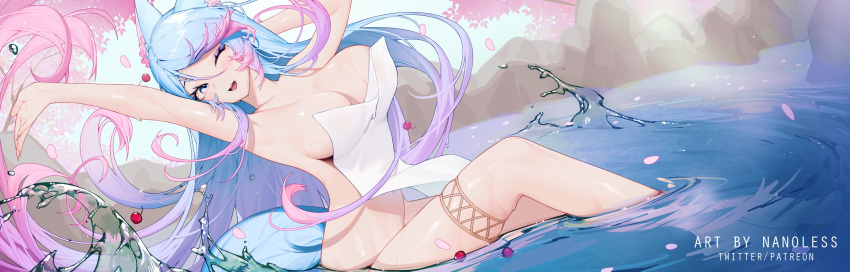 1girl animal_ear_fluff animal_ears arms_up artist_name blue_eyes blue_hair blue_tail breasts cherry_blossoms convenient_censoring dutch_angle falling_petals gradient_hair highres indie_virtual_youtuber large_breasts long_hair looking_at_viewer multicolored_hair nanoless nude one_eye_closed open_mouth outdoors petals pink_hair silvervale sitting solo tail towel virtual_youtuber water wolf_ears wolf_girl wolf_tail