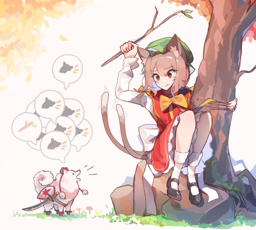 1girl against_tree animal_ear_fluff animal_ear_piercing animal_ears back_bow bow bowtie brown_eyes brown_hair cat_ears cat_tail chen commentary_request dress earrings full_body furrowed_brow hat highres holding holding_stick inubashiri_momiji inubashiri_momiji_(wolf) jewelry kaliningradg knees_up long_sleeves mob_cap multiple_tails nekomata petticoat red_dress rock short_hair single_earring sitting sitting_on_rock solo spoken_object stick tail tearing_up touhou tree trembling two_tails white_bow yellow_bow yellow_bowtie