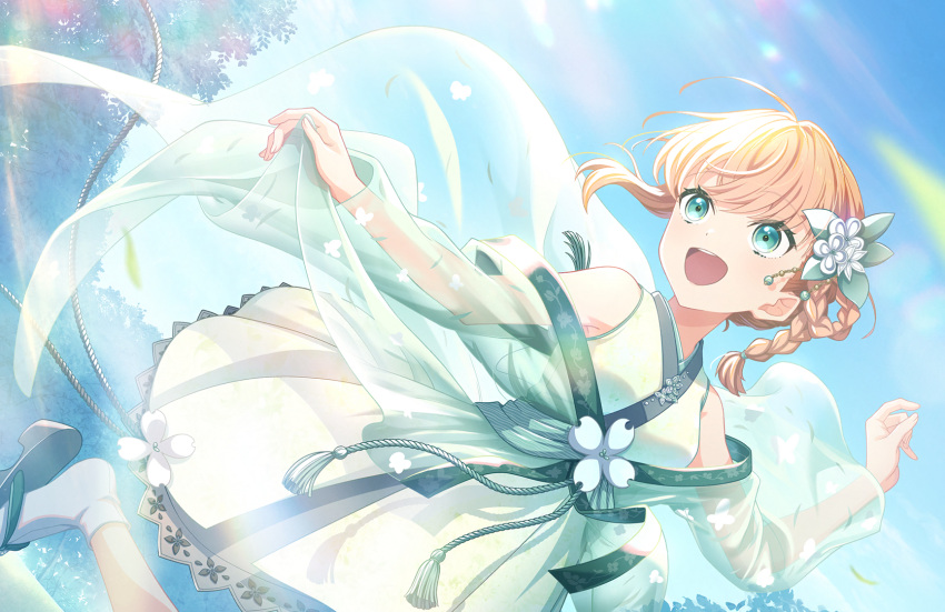 1girl :d animal_print aqua_eyes blue_sky braided_hair_rings butterfly_print coat_hold crossed_bangs dress dutch_angle flip-flops flower_(symbol) game_cg green_dress hair_ornament highres hinoshita_kaho kimono_dress leg_up lens_flare link!_like!_love_live! lone_nape_hair love_live! medium_dress medium_hair official_alternate_costume official_alternate_hairstyle official_art open_mouth orange_hair sandals see-through see-through_coat single_hair_ring single_sidelock sky sleeveless sleeveless_dress smile socks solo teeth third-party_source upper_teeth_only virtual_youtuber white_socks