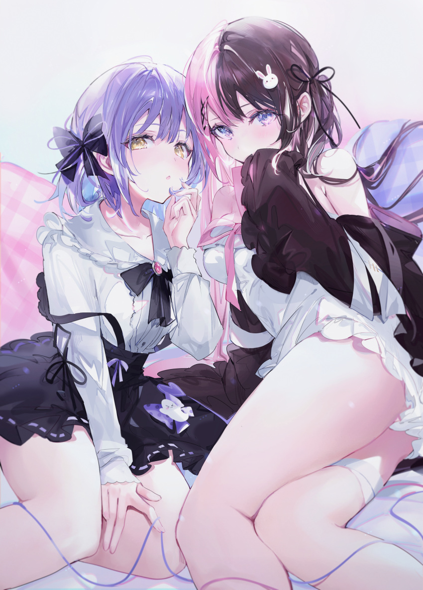 2girls absurdres bandaged_leg bandages bare_shoulders black_bow black_bowtie black_shirt black_skirt bow bowtie brown_hair commentary covering_own_mouth dress english_commentary feet_out_of_frame frilled_skirt frills hair_bow hair_ornament hand_over_own_mouth hand_up highres long_hair long_sleeves looking_at_viewer multicolored_hair multiple_girls off_shoulder on_bed open_mouth pillow pink_hair purple_eyes purple_hair rabbit_hair_ornament shia_job shinomiya_runa shirt shirt_tucked_in skirt split-color_hair suspenders suspenders_slip tachibana_hinano_(vtuber) thighs virtual_youtuber vspo! white_dress yellow_eyes