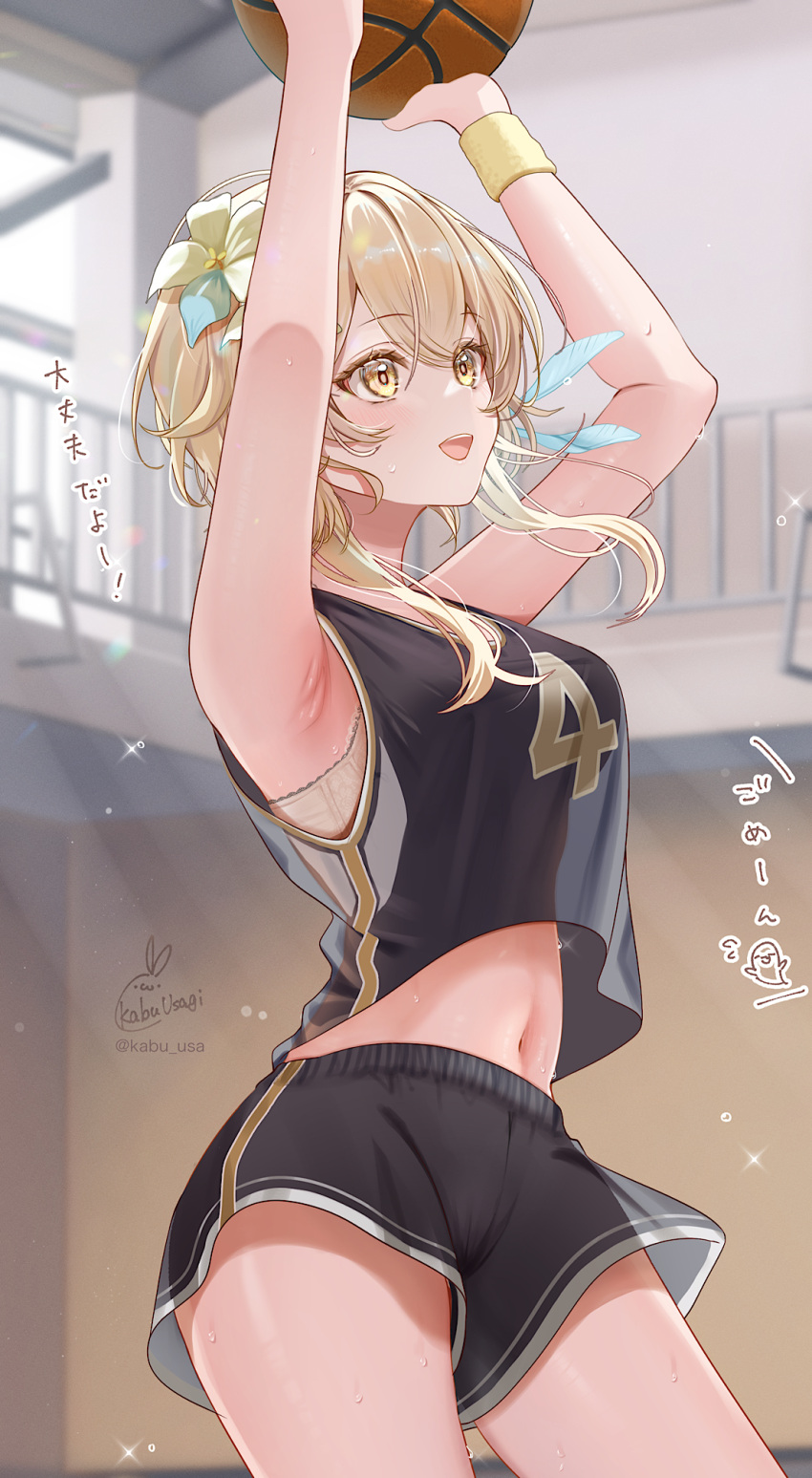 1girl armpits basketball basketball_uniform black_shirt black_shorts blonde_hair blurry blurry_background bra bra_peek commentary_request genshin_impact gym highres jumping kabu_usagi light_particles looking_ahead lumine_(genshin_impact) midriff midriff_peek navel open_mouth paid_reward_available shirt short_hair_with_long_locks shorts signature solo sparkle sportswear sweatdrop translation_request underwear yellow_eyes yellow_wristband