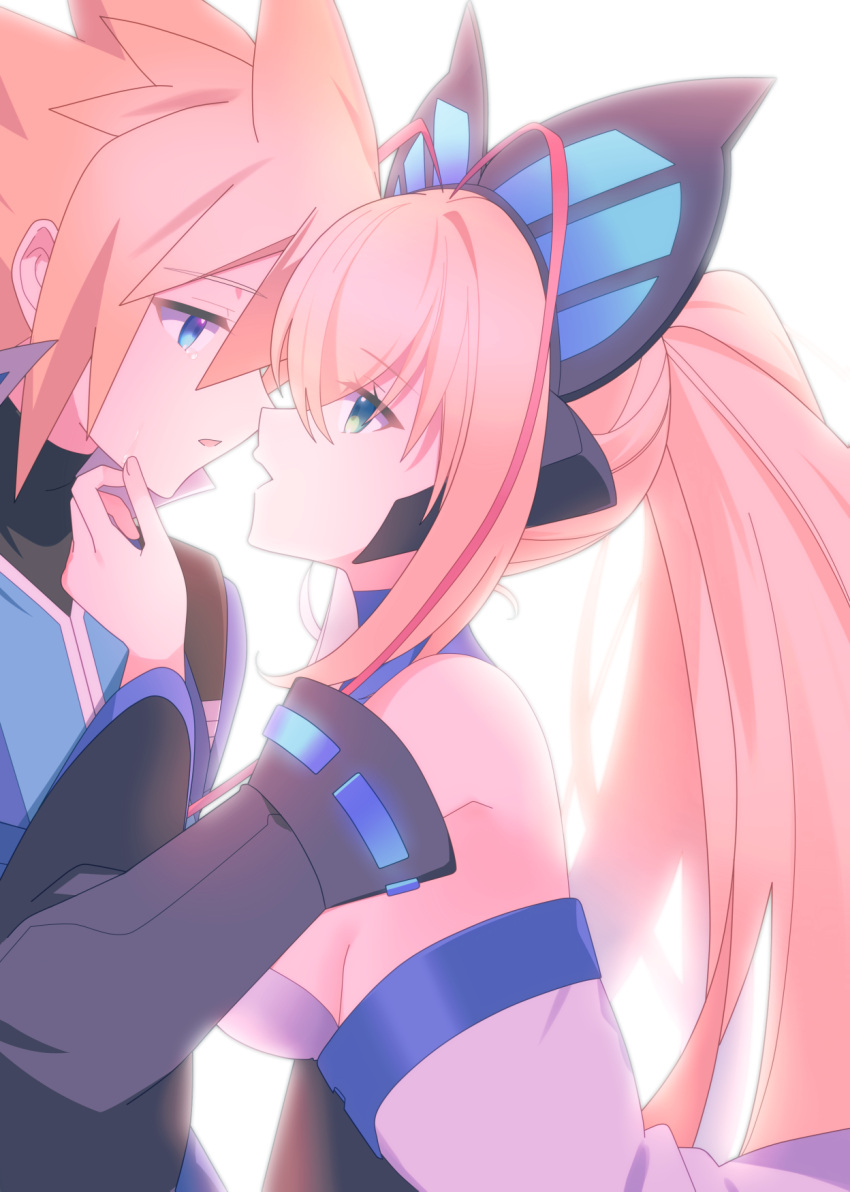 1boy 1girl antenna_hair azure_striker_gunvolt bare_shoulders black_sleeves blonde_hair blue_eyes breasts butterfly_hair_ornament commentary_request couple detached_sleeves dress from_side gunvolt hair_ornament hetero high_ponytail highres imminent_kiss lololotton long_hair long_sleeves lumen_(gunvolt) medium_breasts multicolored_hair pink_hair simple_background spiked_hair strapless strapless_dress two-tone_hair white_background white_dress wide_sleeves
