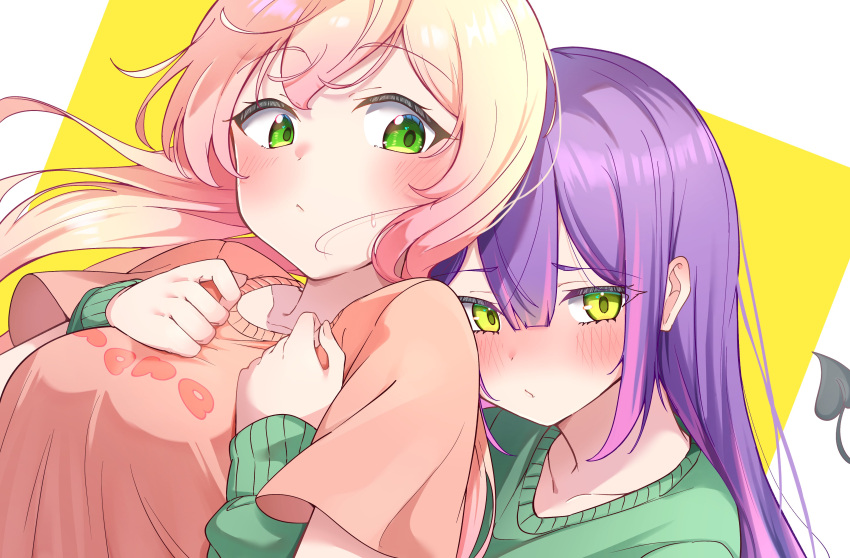 2girls absurdres blonde_hair blush closed_mouth commentary_request demon_tail gradient_hair green_eyes green_sweater hair_between_eyes highres hololive hug long_hair momosuzu_nene multicolored_hair multiple_girls official_alternate_costume okome_0628 orange_shirt pink_hair purple_hair shirt short_sleeves sidelocks simple_background streaked_hair sweater tail tokoyami_towa two-tone_background upper_body virtual_youtuber white_background yellow_background yuri