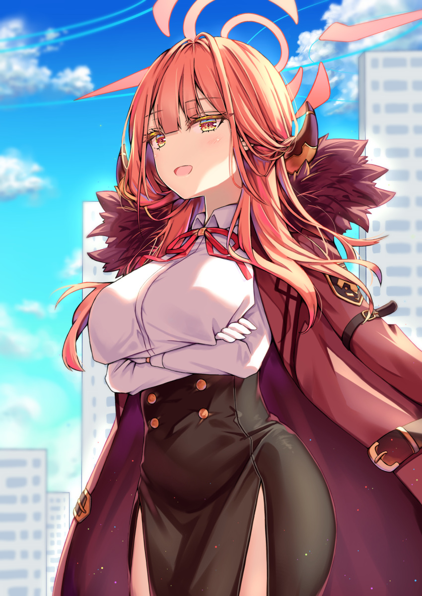 1girl :d aru_(blue_archive) black_skirt blue_archive blue_sky blunt_bangs blurry bow bowtie breasts brown_coat building cloud cloudy_sky coat coat_on_shoulders collared_shirt commentary_request crossed_arms demon_girl demon_horns depth_of_field fur-trimmed_coat fur_trim gloves halo high-waist_skirt highres horns large_breasts long_hair long_sleeves looking_at_viewer natie open_clothes open_coat orange_eyes outdoors pencil_skirt red_bow red_bowtie red_hair school_uniform shirt side_slit sidelocks skirt sky skyscraper smile solo white_gloves white_shirt