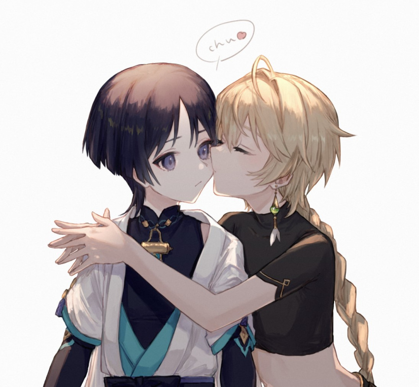 2boys aether_(genshin_impact) ahoge black_bow black_hair black_shirt blonde_hair blue_cape blunt_ends blush bow braid cape closed_eyes closed_mouth commentary_request earrings eyeshadow fingernails genshin_impact gold_necklace hair_between_eyes hands_up heart jewelry kiss kissing_cheek kmkm_yoshino long_hair looking_at_another makeup male_focus mandarin_collar multiple_boys necklace no_headwear open_clothes open_vest own_hands_together purple_eyes red_eyeshadow scaramouche_(genshin_impact) shirt short_hair short_sleeves simple_background single_earring sleeveless sleeveless_shirt speech_bubble standing vest wanderer_(genshin_impact) white_background white_vest yaoi