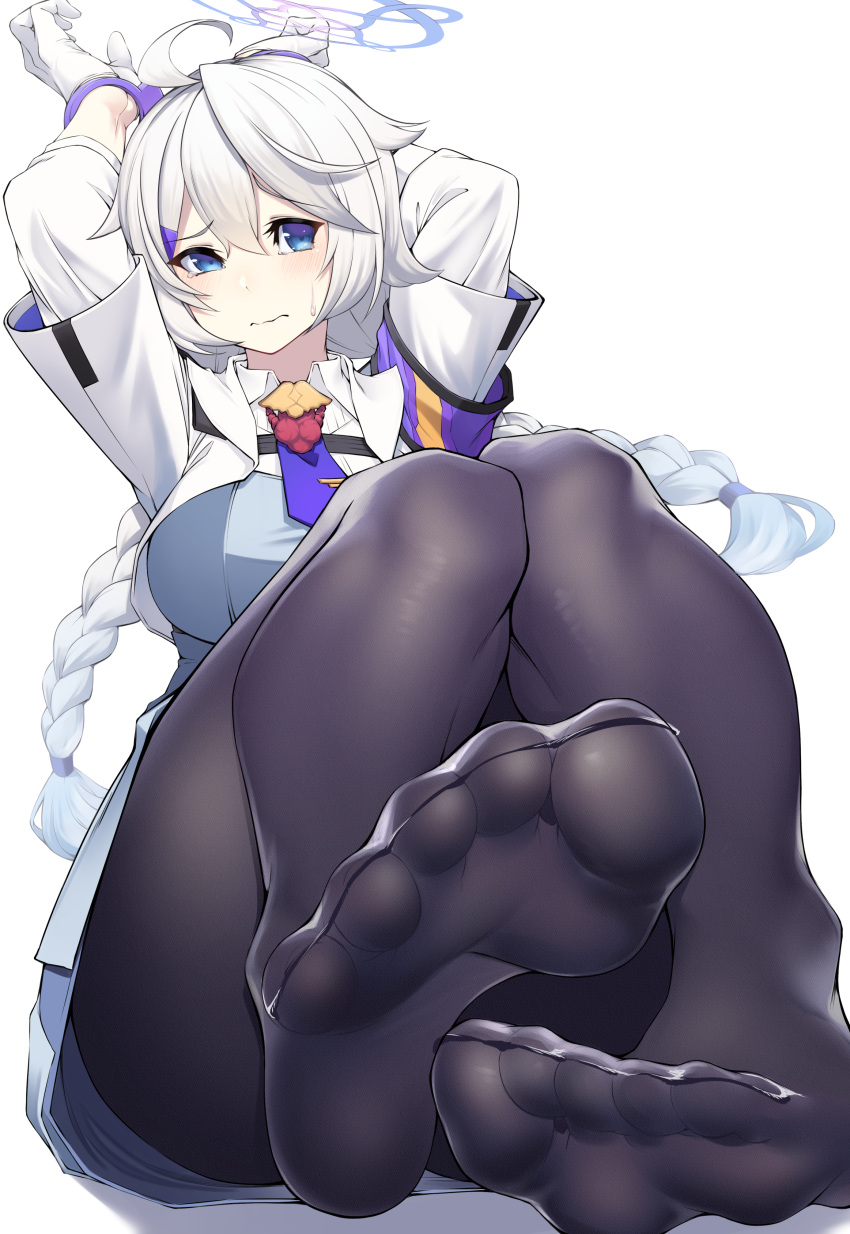 1girl absurdres ahoge armband arms_behind_head arms_up black_pantyhose blue_archive blue_eyes blue_halo blush bound bound_wrists braid breasts closed_mouth collared_shirt convenient_leg cuffs dress feet feet_up foot_focus foot_out_of_frame gloves grey_dress hair_between_eyes half_gloves halo handcuffs highres jacket kirino_(blue_archive) large_breasts layered_sleeves long_hair long_sleeves looking_at_viewer low_twin_braids low_twintails necktie nekokaminari no_shoes open_clothes open_jacket pantyhose police police_uniform policewoman purple_armband purple_necktie shirt short_necktie short_sleeves simple_background sitting soles solo sweatdrop tearing_up twin_braids twintails uniform wavy_mouth white_background white_gloves white_hair white_jacket white_shirt