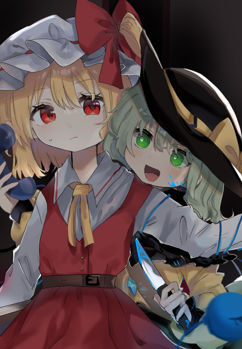 2girls ascot black_background black_hat blonde_hair blouse bow buttons crazy_eyes crystal diamond_button eyeball flandre_scarlet frilled_shirt_collar frilled_sleeves frills green_eyes green_hair green_skirt hat hat_bow hat_ribbon heart heart_of_string highres holding holding_knife holding_phone holding_weapon knife komeiji_koishi mob_cap multiple_girls one_side_up open_mouth phone puffy_short_sleeves puffy_sleeves ramochi red_eyes red_skirt red_vest ribbon shirt short_sleeves side_ponytail skirt skirt_set third_eye touhou vest weapon white_hat wide_sleeves wings yellow_ascot yellow_bow yellow_ribbon yellow_shirt