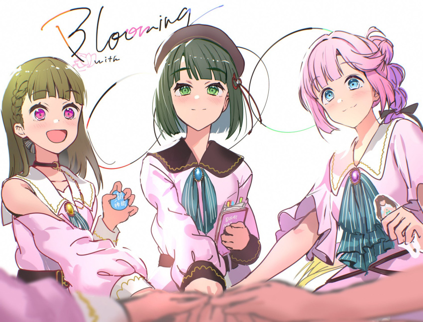 6+girls :3 :d acrylic_stand anyoji_hime ascot badge black_choker black_ribbon blue_eyes blunt_bangs blunt_ends braid brown_hair button_badge choker closed_mouth collared_dress commentary dream_believers_(love_live!) dress flower flower_knot green_ascot green_eyes green_hair green_ribbon hair_flower hair_intakes hair_ornament hair_ribbon highres holding holding_badge holding_notebook kachimachi_kosuzu light_blush light_smile link!_like!_love_live! logo long_hair long_sleeves looking_at_viewer love_live! momose_ginko multi-tied_hair multiple_girls neck_ribbon notebook open_mouth out_of_frame pink_dress pink_eyes pink_hair ponytail ribbon short_hair short_sleeves side_braids sidelocks simple_background sleeve_cuffs smile split_mouth ssyunn straight_hair swept_bangs virtual_youtuber white_background