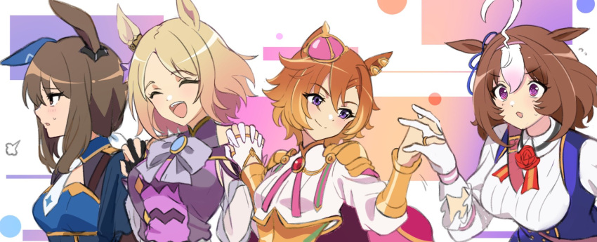 4girls @_@ admire_vega_(umamusume) ahoge animal_ears asymmetrical_gloves black_gloves blonde_hair blue_ribbon bow bowtie breasts brown_hair cape chokotabetai00 crown ear_covers ear_ribbon facing_ahead facing_viewer fingerless_gloves flower from_side gloves hair_between_eyes hairband highres holding_hands horse_ears horse_girl large_breasts long_hair long_sleeves looking_at_another looking_to_the_side meisho_doto_(umamusume) mini_crown mismatched_gloves multicolored_hair multiple_girls narita_top_road_(umamusume) necktie orange_hair pink_cape pink_hairband purple_bow purple_bowtie purple_eyes red_flower red_rose ribbon rose short_hair single_ear_cover smile t.m._opera_o_(umamusume) two-tone_hair umamusume umamusume:_road_to_the_top white_gloves white_hair white_necktie