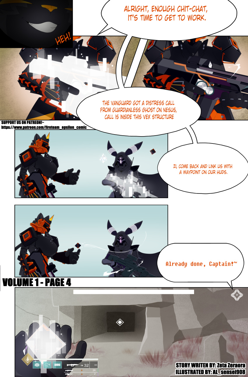 absurd_res al_sensei908 comic destiny_(video_game) dialogue eeveelution fireteam_epsilon generation_2_pokemon generation_7_pokemon ghost_(destiny) gun guradian_(destiny) hi_res hunter_(destiny) legendary_pokemon nintendo pokemon pokemon_(species) psi_(ghost) ranged_weapon sigma_umbreon text titan_(destiny) umbreon vex_(destiny) vex_structures weapon xi_(ghost) zeraora zeta_zeraora zeta_zeraora_(artist)