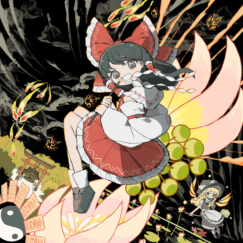 2girls black_hair black_hat black_skirt black_sky black_vest blonde_hair bow broom broom_riding brown_eyes cloud covered_mouth detached_sleeves flying frilled_bow frilled_skirt frills from_side full_body gohei hair_bow hair_tubes hakurei_reimu hakurei_shrine hat highres holding holding_gohei kirisame_marisa long_hair long_sleeves looking_at_viewer looking_to_the_side multiple_girls neruzou ofuda orb red_bow red_skirt skirt sky socks touhou vest water_lily_flower white_sleeves white_socks wide_sleeves witch witch_hat yin_yang yin_yang_orb