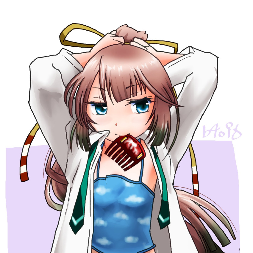 1girl aqua_eyes baku_(burst) blue_camisole brown_hair camisole cloud_print collared_shirt comb dress_shirt flat_chest green_necktie hair_ribbon highres holding holding_hair kantai_collection kazagumo_(kancolle) kazagumo_kai_ni_(kancolle) long_hair mouth_hold necktie one-hour_drawing_challenge open_clothes open_shirt ponytail ribbon shirt smile solo undone_necktie upper_body white_shirt