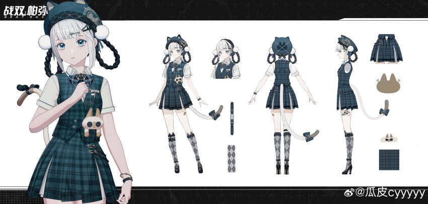 absurdres animal_ear_headwear anklet argyle_clothes argyle_legwear azukisan bambinata_(punishing:_gray_raven) beret black_footwear black_hair blue_bow blue_bowtie blue_eyes blue_hat blue_skirt blue_vest bow bowtie braided_hair_rings cat cat_tail collared_shirt copyright_name cowboy_shot cyyyyy full_body grey_socks hat heart heart_in_eye high_heels highres jewelry kneehighs legwear_garter looking_at_viewer miniskirt multicolored_hair multiple_views official_alternate_costume official_art plaid plaid_bow plaid_bowtie plaid_skirt plaid_vest pom_pom_(clothes) punishing:_gray_raven reference_sheet shirt short_sleeves siam_neko_azukisan siamese_cat skirt socks standing symbol_in_eye tail tail_bow tail_ornament turnaround two-tone_hair vest waistcoat watch weibo_logo weibo_watermark white_background white_hair white_shirt wristwatch