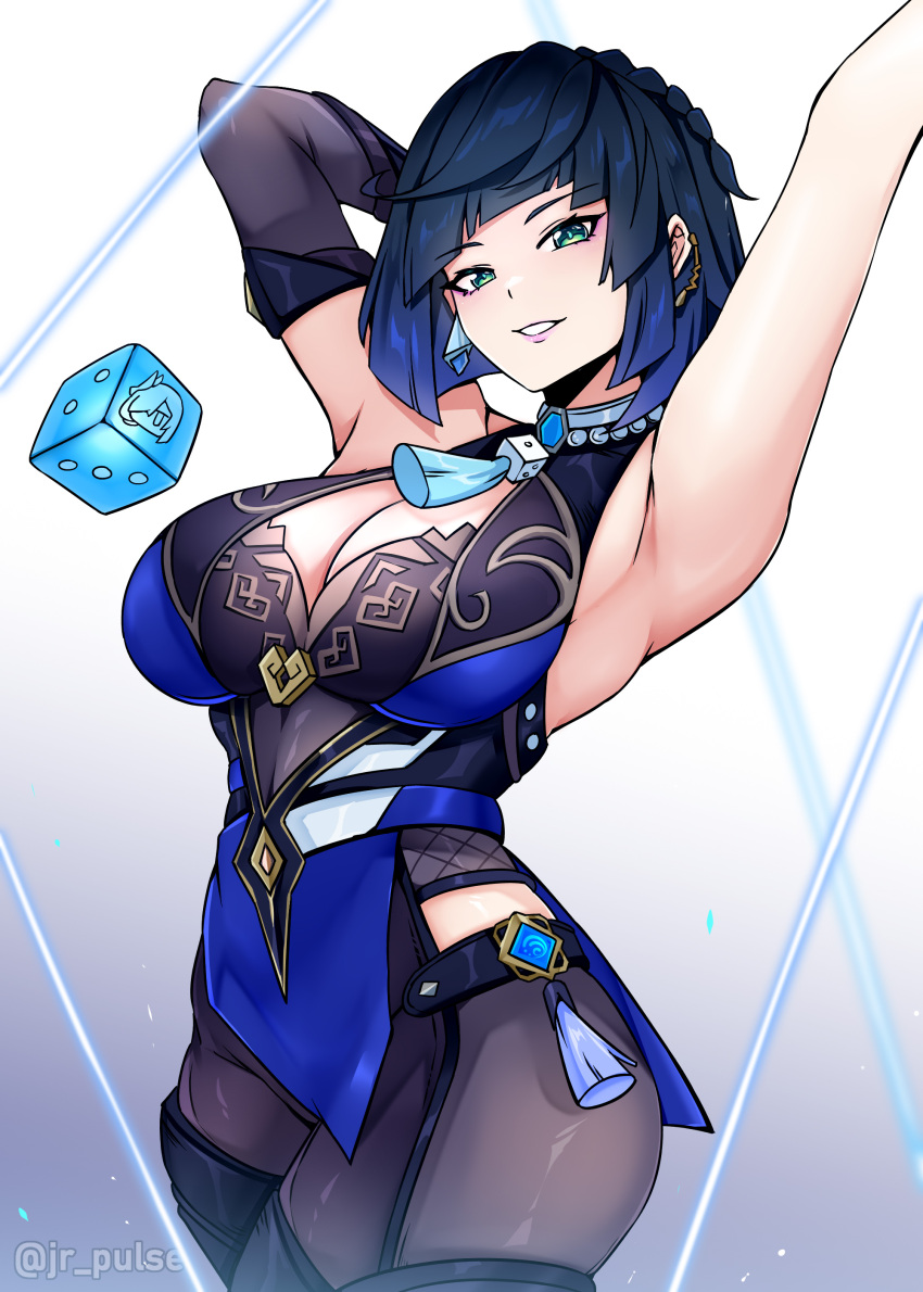 1girl absurdres asymmetrical_gloves bare_shoulders blue_dress blue_eyes blue_hair breasts cleavage cowboy_shot diagonal_bangs dice dress genshin_impact highres jrpulse looking_at_viewer pelvic_curtain short_hair smile solo yelan_(genshin_impact)