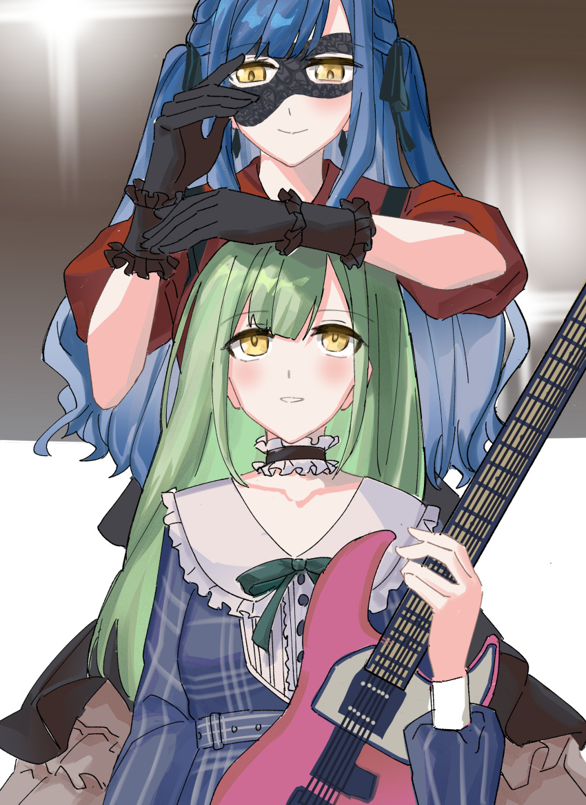 2girls absurdres bang_dream! bang_dream!_it's_mygo!!!!! black_choker black_gloves black_mask black_ribbon black_skirt blue_dress blue_hair choker commentary_request deep_dig domino_mask dress earrings electric_guitar frilled_choker frills gloves green_hair guitar hair_ribbon highres holding holding_guitar holding_instrument instrument jewelry long_hair long_sleeves mask multiple_girls open_mouth parted_lips red_shirt ribbon shirt skirt smile togawa_sakiko two_side_up wakaba_mutsumi yellow_eyes