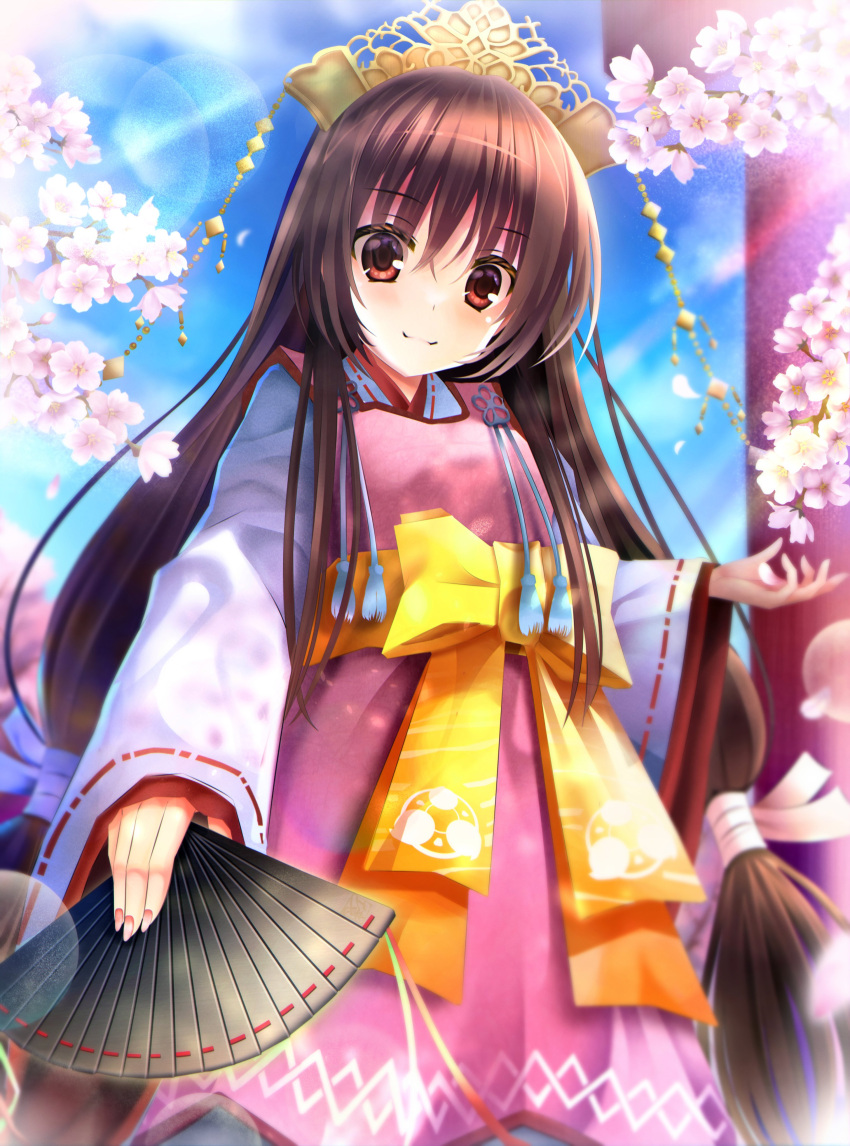 1girl :3 absurdres blush bow brown_hair cherry_blossoms closed_mouth commentary_request day eyes_visible_through_hair feet_out_of_frame fingernails flower folding_fan hair_between_eyes hair_ribbon hand_fan hand_up highres holding holding_fan japanese_clothes kimono lens_flare long_hair long_sleeves looking_at_viewer low-tied_long_hair magatama_print outdoors pink_flower red_eyes ribbon ribbon-trimmed_sleeves ribbon_trim sash smile solo split_mouth spring_(season) standing straight_hair tenshinranman tiara unohana_no_sakuyahime very_long_hair white_kimono white_ribbon wide_sleeves xiexianglg yellow_bow yellow_sash