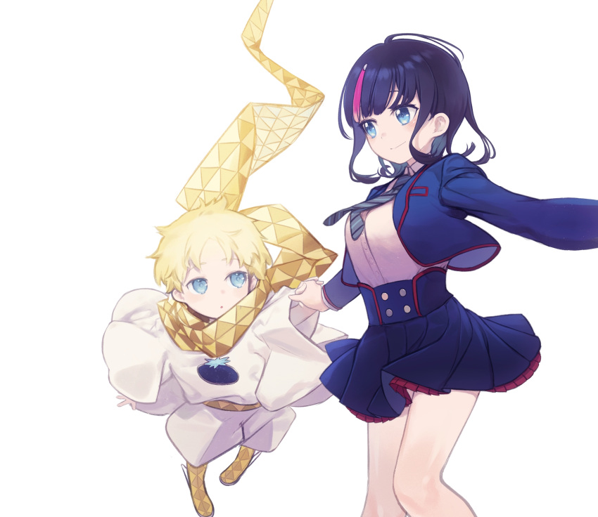 1boy 1girl baggy_clothes black_hair blonde_hair blue_eyes blue_jacket blue_skirt blush breasts buttons collared_shirt daisi_gi dress_shirt fate/requiem fate_(series) high-waist_skirt highres jacket long_sleeves medium_breasts medium_hair multicolored_hair necktie open_clothes open_jacket pink_hair scarf shirt short_hair short_sleeves sidelocks skirt smile streaked_hair thighs utsumi_erice utsumi_erice_(mission_start) voyager_(fate) white_shirt white_tunic yellow_scarf
