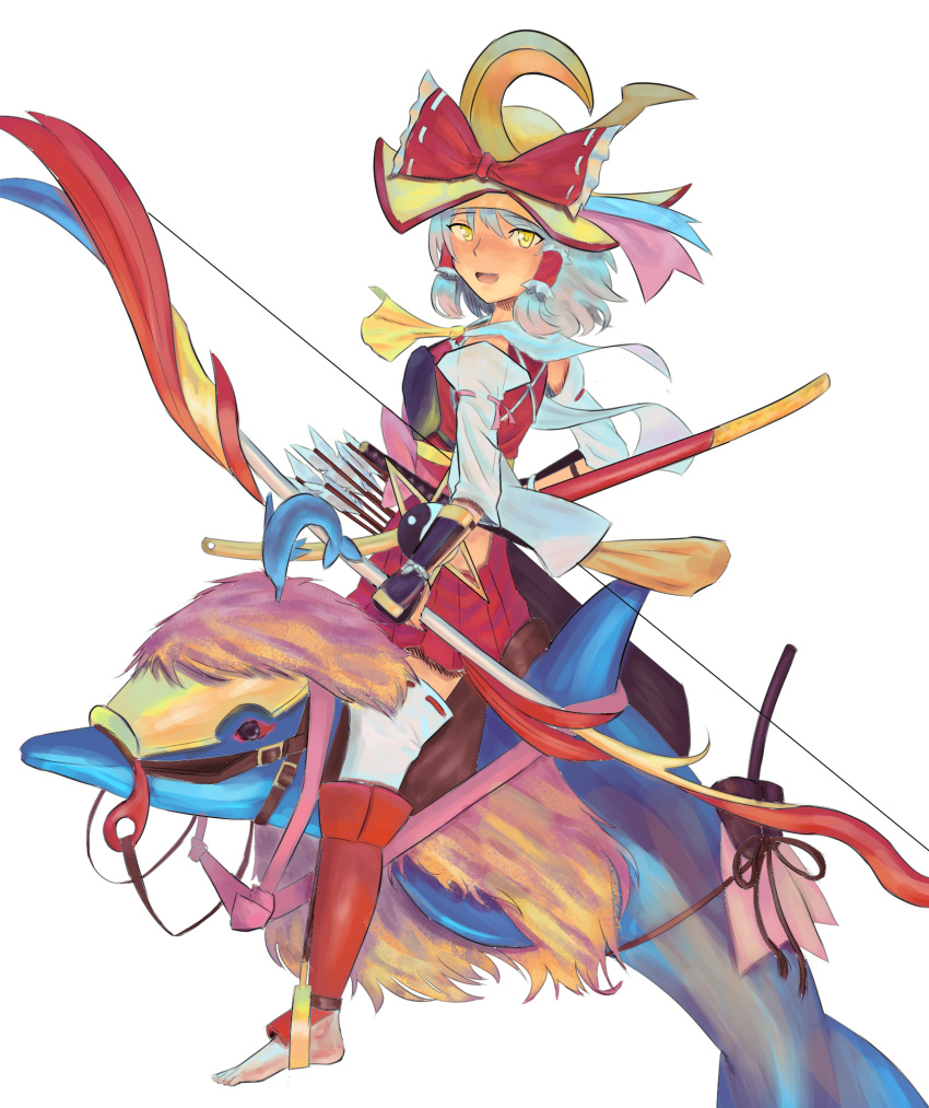 1girl alternate_costume alternate_hair_color armor arrow_(projectile) barefoot blonde_hair blush bow bow_(weapon) commentary_request cookie_(touhou) detached_pants detached_sleeves dolphin dress frilled_hair_tubes frills full_body grey_hair hair_tubes hakurei_reimu hat hat_bow highres holding holding_bow_(weapon) holding_weapon japanese_armor kairu_the_dolphin kote looking_at_viewer looking_to_the_side medium_bangs microsoft_office muneate open_mouth pants quiver red_armor red_bow red_dress reins riding saddle sananana_(cookie) shin_guards short_hair simple_background sleeveless sleeveless_dress smile solo tihami touhou weapon white_background white_pants white_sleeves yellow_eyes yellow_hat