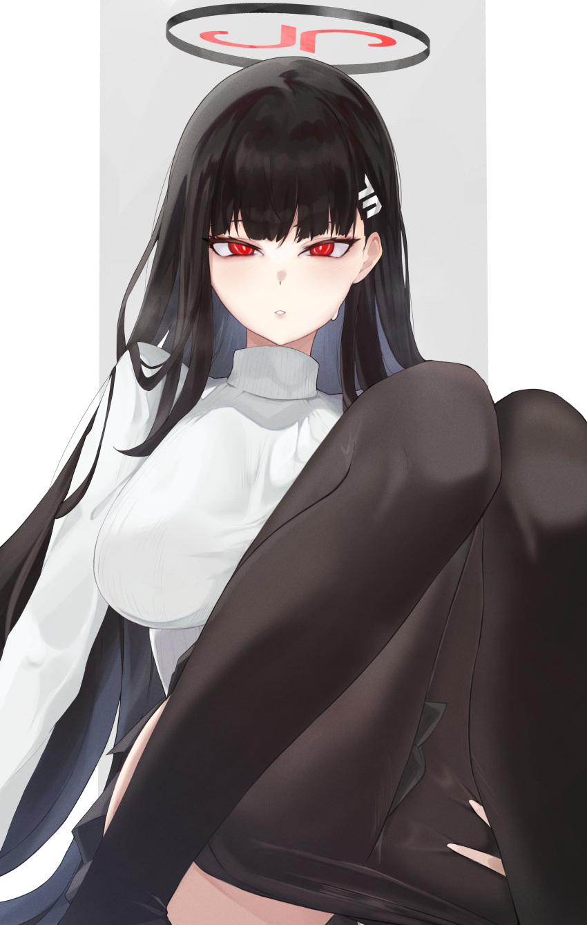 1girl absurdres black_hair black_pantyhose blue_archive blush breasts chankuro hair_ornament hairclip halo highres large_breasts long_hair long_sleeves looking_at_viewer pantyhose red_eyes ribbed_sweater rio_(blue_archive) solo sweater thighs turtleneck turtleneck_sweater white_sweater