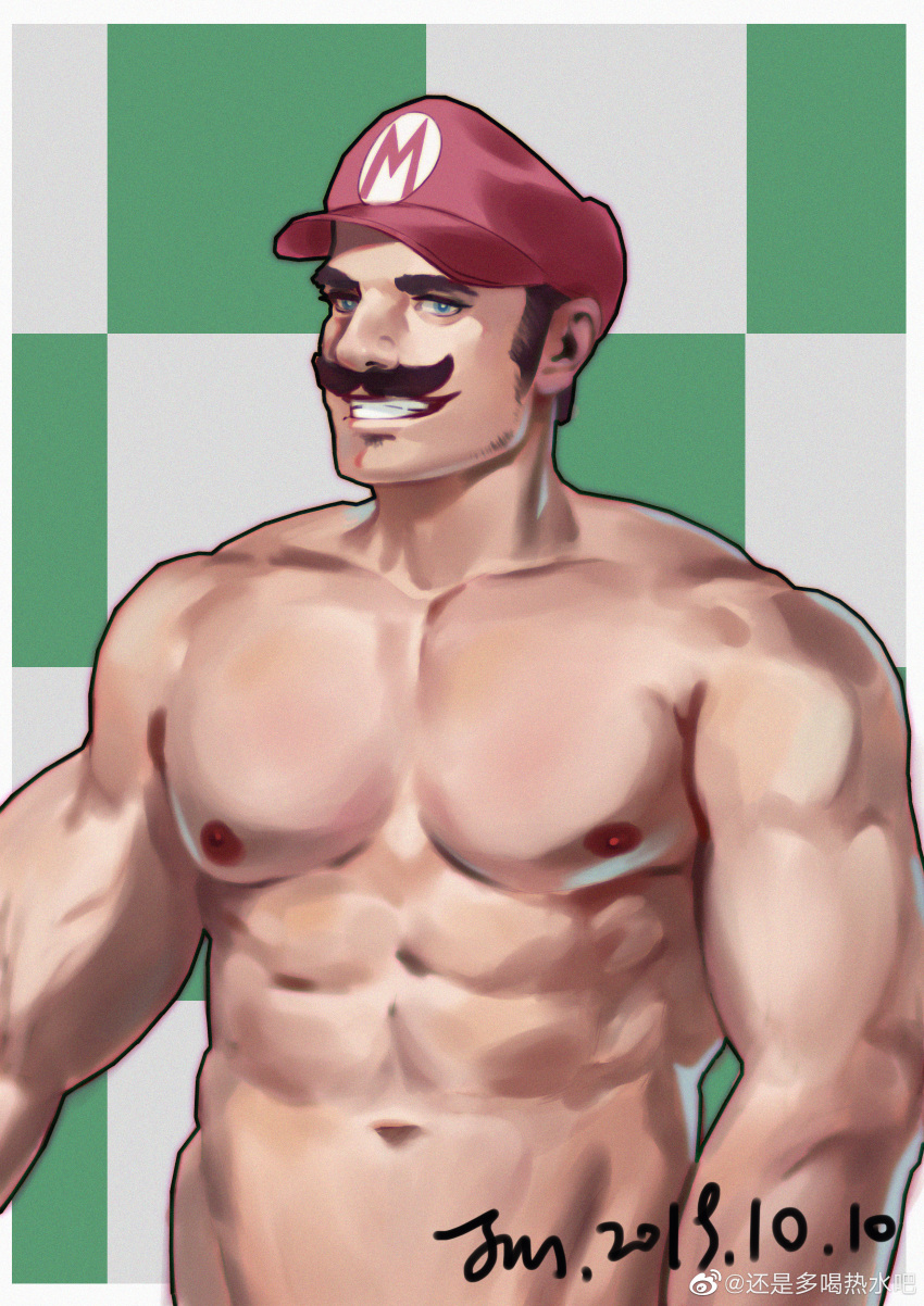 1boy abs absurdres alternate_muscle_size bara beard blue_eyes dated facial_hair full_beard highres ke_bu_ke_yi_se_se large_pectorals looking_at_viewer male_focus mario mario_(series) mature_male medium_sideburns muscular muscular_male mustache navel nude pectorals sideburns_stubble solo stubble thick_eyebrows tsurime upper_body