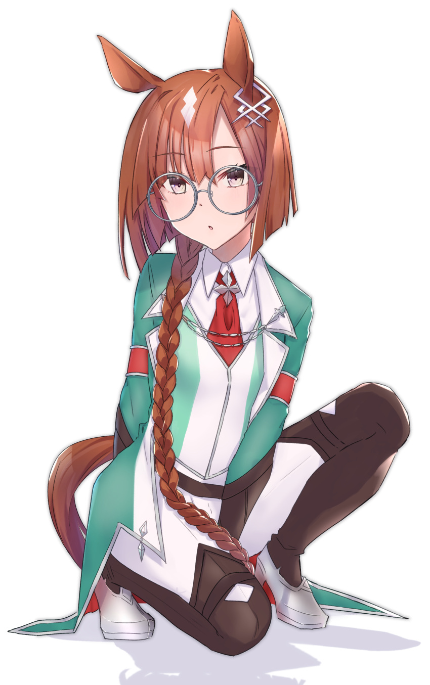 1girl absurdres animal_ears black_footwear blunt_ends boots bracer brown_hair closed_mouth coat coattails commentary_request dress_shirt ear_ornament full_body glasses green_coat highres horse_ears horse_girl horse_tail ikuno_dictus_(umamusume) kneeling light_frown long_hair long_sleeves looking_at_viewer necktie pants red_necktie rimless_eyewear round_eyewear shirt simple_background solo tail thigh_boots umamusume vest white_background white_pants white_shirt white_vest wing_collar yu_sakae