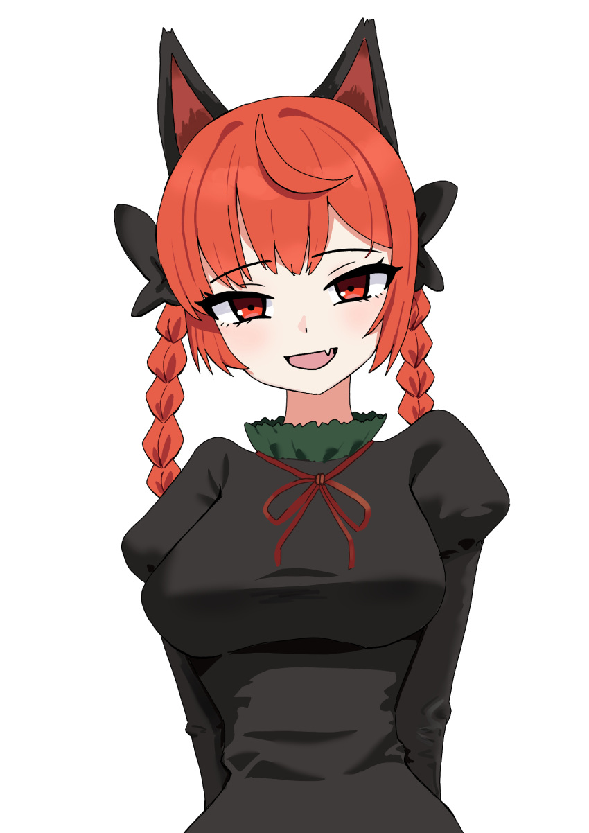 1girl :d ahoge animal_ears black_bow bow braid breasts cat_ears cat_girl commentary fang hair_bow highres kaenbyou_rin large_breasts long_sleeves looking_at_viewer open_mouth pochipechi056 red_eyes red_hair side_braids smile solo touhou twin_braids upper_body