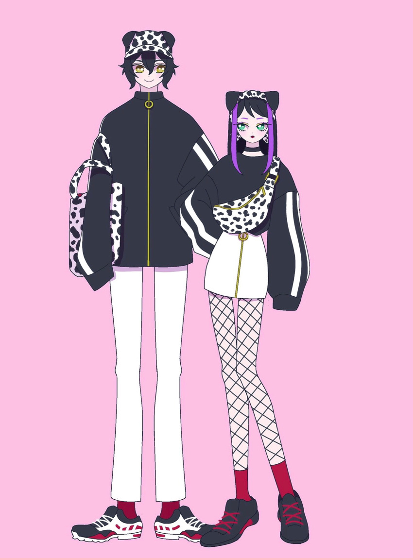 1boy 1girl animal_ears black_choker black_footwear black_hair black_jacket choker closed_mouth dalmatian_print dog_ears fishnet_pantyhose fishnets full_body green_eyes hat highres jacket king_of_prism long_hair long_sleeves looking_at_another mihama_kouji multicolored_hair nyaasechan pants pantyhose pink_background pretty_rhythm pretty_series purple_hair red_socks shoes short_hair simple_background skirt sleeves_past_fingers sleeves_past_wrists smile sneakers socks standing suzuno_ito two-tone_hair white_bag white_pants white_skirt yellow_eyes