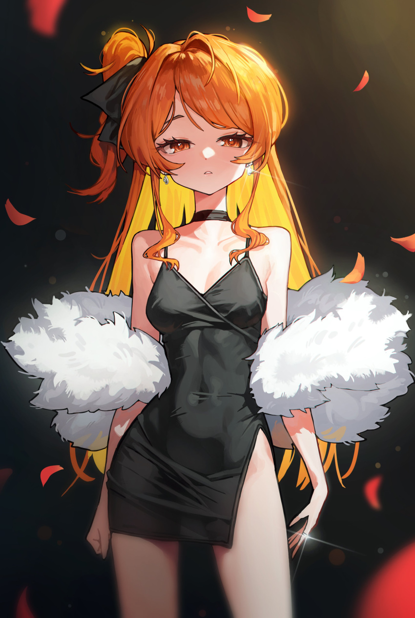 1girl absurdres bare_shoulders black_background black_dress blush breasts choker covered_navel dress earrings expressionless fur_shawl highres idolmaster idolmaster_million_live! idolmaster_million_live!_theater_days jewelry long_hair looking_at_viewer ogami_tamaki one_side_up orange_eyes orange_hair parted_lips petals ring shawl short_dress side_slit sillon small_breasts solo white_shawl