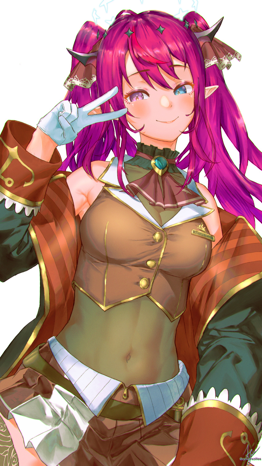 1girl absurdres anversailles breasts coat cosplay covered_navel crop_top cropped_jacket gloves halo heterochromia highres hololive hololive_english horns houshou_marine houshou_marine_(1st_costume) houshou_marine_(cosplay) irys_(hololive) jacket leotard leotard_under_clothes long_hair medium_breasts miniskirt pointy_ears purple_eyes purple_hair red_jacket skirt sleeveless sleeveless_jacket smile twintails v virtual_youtuber white_gloves