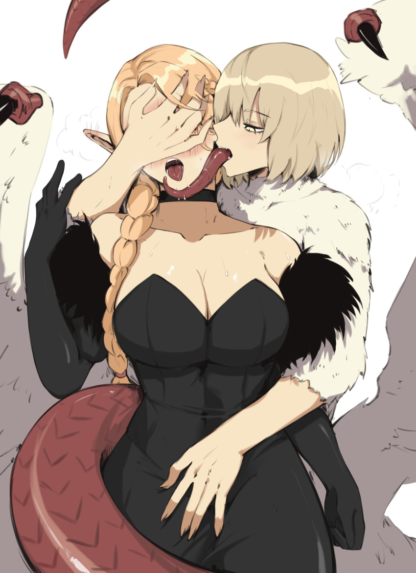 2girls absurdres black_dress blonde_hair body_fur breasts chimera covering_another's_eyes dragon_tail dress dungeon_meshi elf evaleen_d falin_touden falin_touden_(chimera) feathered_wings feathers fur_dress highres large_breasts licking long_tongue looking_at_viewer marcille_donato marcille_donato_(lord) monster_girl multiple_girls open_mouth pointy_ears saliva short_hair spoilers tail tail_wrap talons tongue tongue_out white_feathers wings yellow_eyes yuri