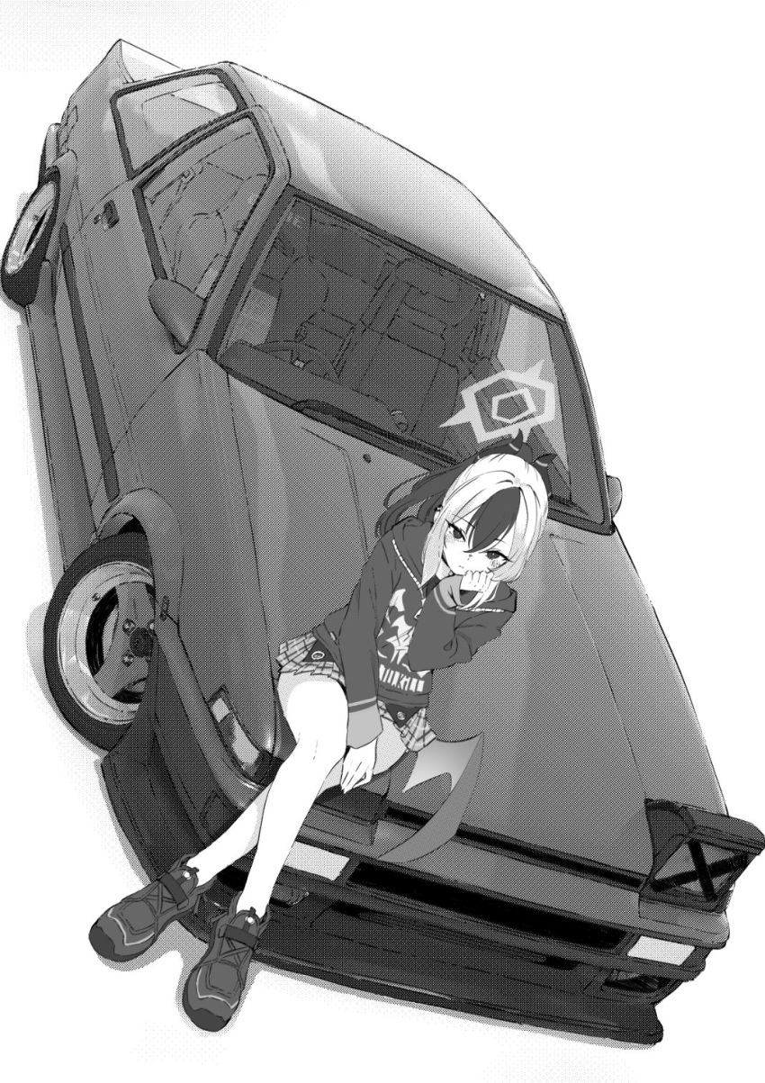 1girl blue_archive car greyscale halo hand_on_own_cheek hand_on_own_face highres hood hood_down hoodie horns jun_project kayoko_(blue_archive) light_frown low_wings miniskirt monochrome motor_vehicle multicolored_hair on_vehicle plaid plaid_skirt ponytail shadow shoes simple_background single_wing sitting skirt sneakers solo streaked_hair vehicle_focus white_background wings