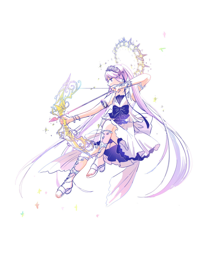 1girl armlet arrow_(projectile) artist_request black_bow bow bow_(weapon) dress dress_bow euryale_(fate) fate/grand_order fate_(series) hairband halo headdress highres holding holding_arrow holding_bow_(weapon) holding_weapon lolita_hairband long_hair petite purple_eyes purple_hair ribbon-trimmed_hairband sidelocks simple_background sleeveless solo sparkle twintails very_long_hair weapon white_background white_bow white_dress white_footwear