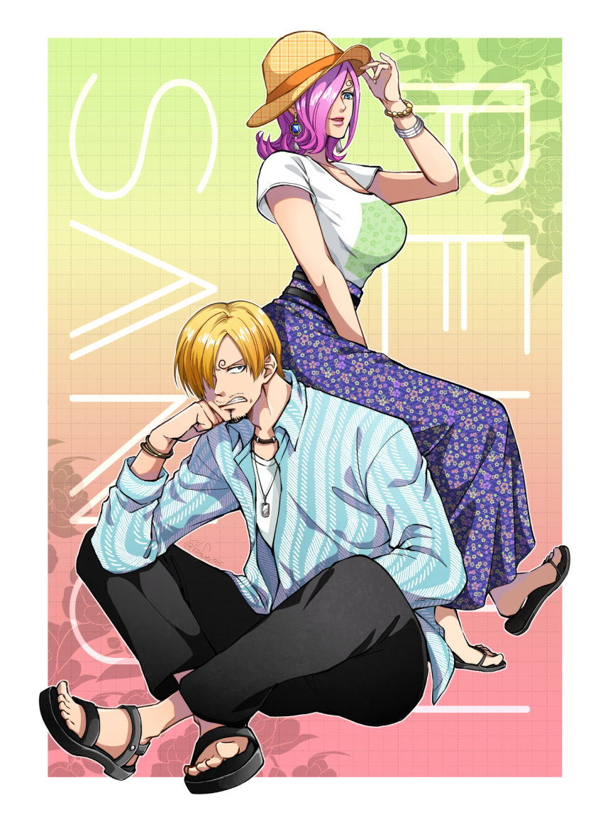 1boy 1girl black_pants blonde_hair bracelet brother_and_sister character_name commentary curly_eyebrows earrings facial_hair full_body goatee hair_over_one_eye hand_on_headwear hat highres jewelry kafuyutns long_skirt mustache necklace one_piece pants pink_hair sandals sanji_(one_piece) shirt short_hair siblings sitting skirt t-shirt vinsmoke_reiju