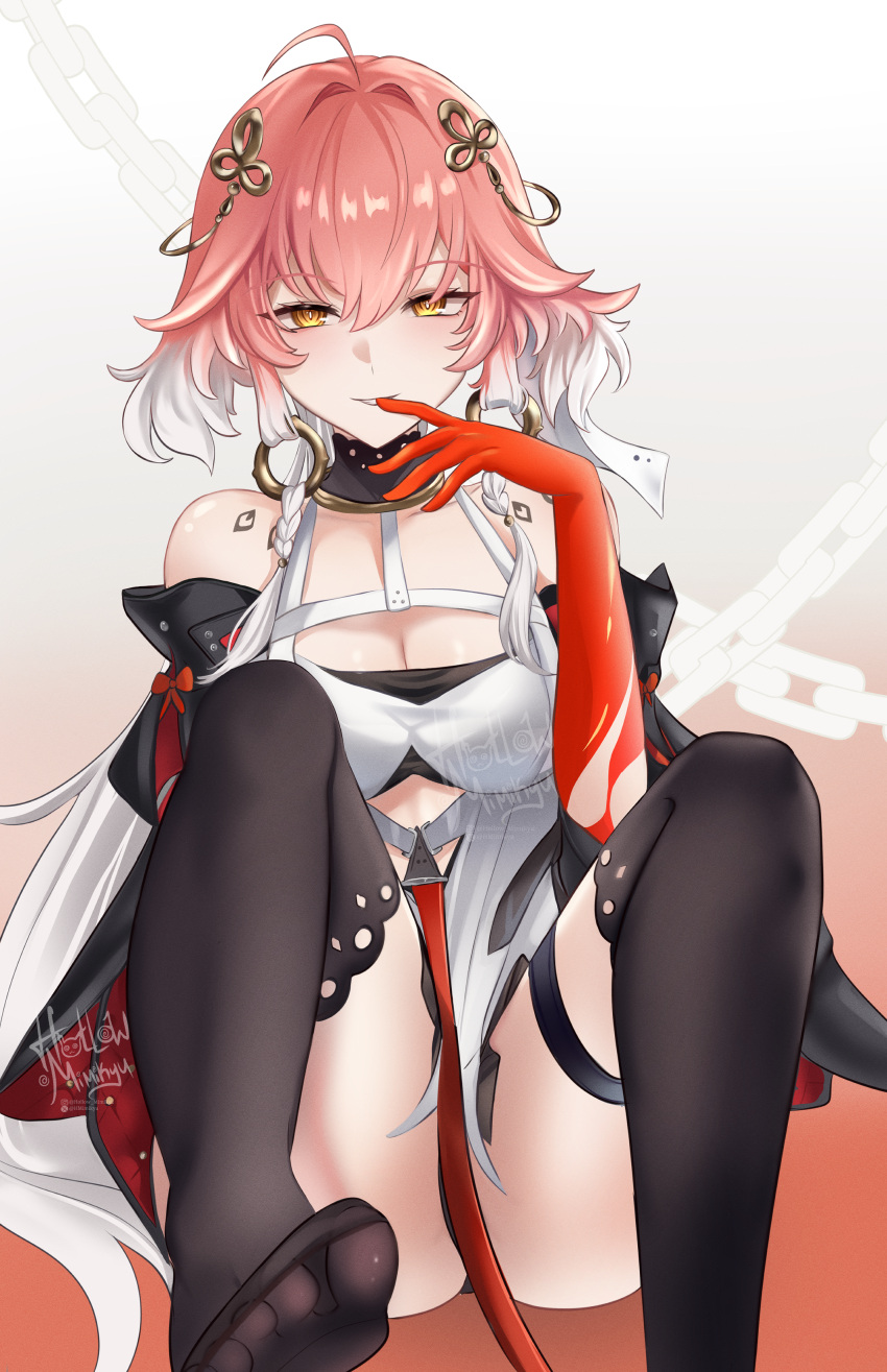 1girl absurdres ahoge bare_shoulders black_collar black_jacket black_thighhighs body_markings braid breasts chain changli_(wuthering_waves) cleavage clothing_cutout collar colored_extremities commentary dress english_commentary finger_to_mouth foot_out_of_frame foot_up gradient_background hair_between_eyes hair_extensions hair_intakes hair_ornament halterneck highres hollow_mimikyu jacket large_breasts long_hair looking_at_viewer multicolored_hair open_clothes open_jacket orange_background pink_hair red_hands signature sitting smile solo thigh_strap thighhighs toes twin_braids two-tone_hair underboob_cutout very_long_hair white_background white_dress white_hair wuthering_waves yellow_eyes