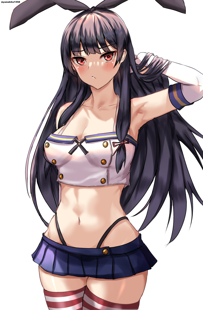 1girl absurdres adapted_costume arm_behind_back arm_behind_head arm_up black_hair black_panties black_ribbon blue_skirt blush breasts buttons cleavage cosplay cowboy_shot crop_top double-breasted elbow_gloves frown gloves hair_ornament hair_ribbon highleg highleg_panties highres hip_focus isokaze_(kancolle) kantai_collection legs_together long_hair medium_breasts medium_hair microskirt midriff mizuki_(uzuki_no_sato) navel panties pleated_skirt red_eyes revealing_clothes ribbon shimakaze_(kancolle) shimakaze_(kancolle)_(cosplay) shirt skirt sleeveless sleeveless_shirt solo spaghetti_strap striped_clothes striped_thighhighs thighhighs thighs underwear very_long_hair white_gloves white_shirt