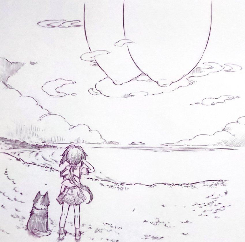 1girl animal bad_id bad_twitter_id breasts cloud disembodied_breast dog from_behind grass hanging_breasts hatching_(texture) highres huge_breasts inactive_account lake looking_up low_ponytail monochrome nipples original purple_theme scenery school_uniform skirt sky standing traditional_media tsukareta_san